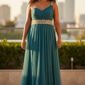 La Femme Teal Maxi Dress with Gold Detailing